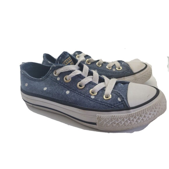 Converse All Star Girls sz 12 Ox Sneakers Shoes Denim Blue Polka Dot - Picture 2 of 12